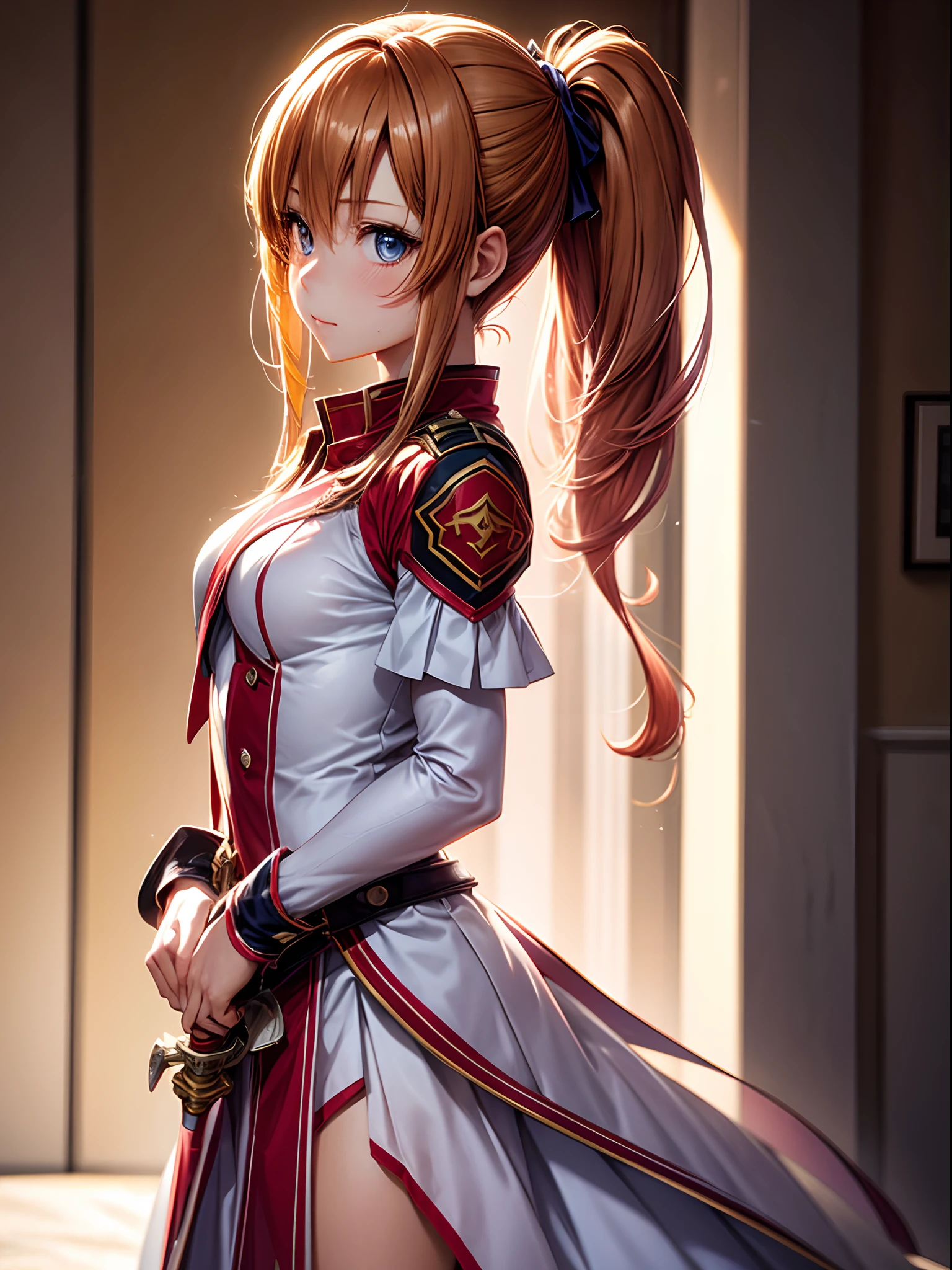 best pictures, masutepiece, ​masterpiece、super precision、sword in hands、thrust、[[rapier:1.10]]、High quality anime girl with brown hair and brown eyes、[3D images:1.25],[[Attractive eyes,A detailed eye、radiant eyes, Colorful eyes:1.25]]、the whole、front-facing view、Short ponytail, Pink hair、Solo Girl,red and white uniform, 8k picture、Dress correctly、best pictures, masutepiece, Photorealistic, Soft light, Attractive eyes that make you feel sucked in、Cowboy Shot、Kawaii Girl