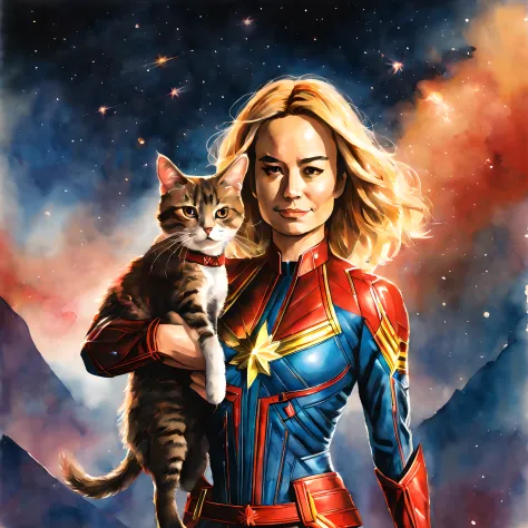 (goose cat and captain marvel:1.5), (marvel theme:1.5), (ink and watercolor painting:1.5), (tasteful:1.5), (ink and watercolor p...