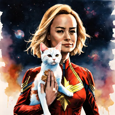 (goose cat and captain marvel:1.5), (marvel theme:1.5), (ink and watercolor painting:1.5), (tasteful:1.5), (ink and watercolor p...