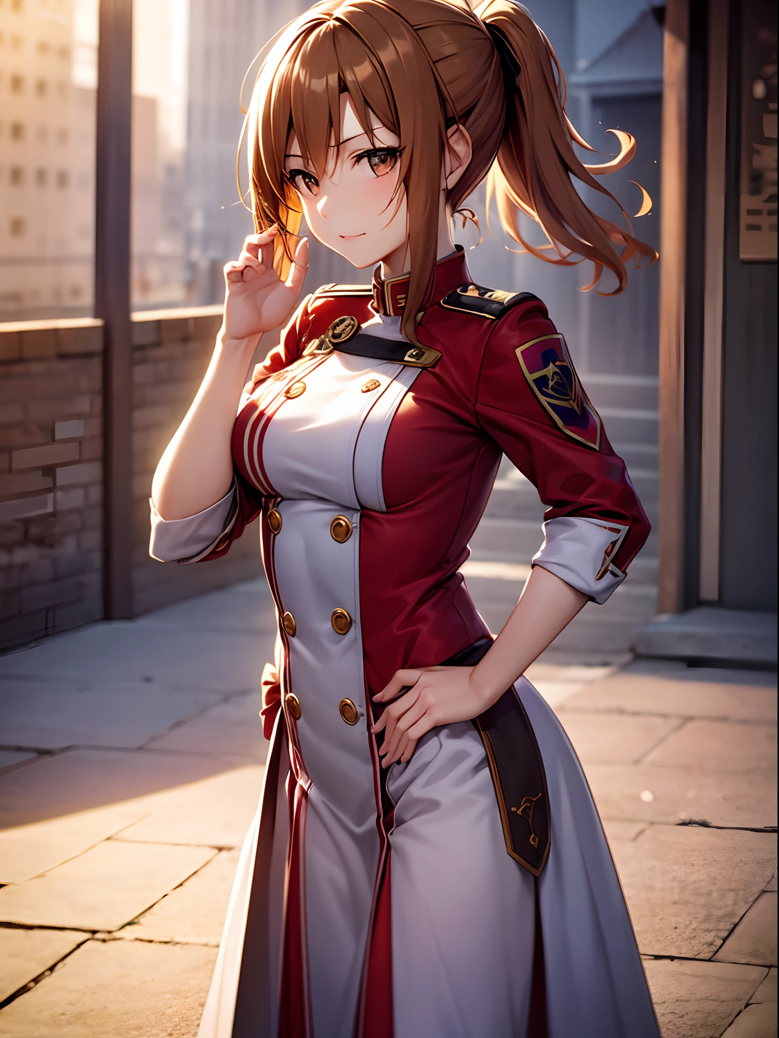best pictures, masutepiece, ​masterpiece、super precision、High quality anime girl with brown hair and brown eyes、One hand on the hip、[3D Images:1.25],[[Attractive eyes,A detailed eye、radiant eyes, Colorful eyes:1.25]]、the whole、front-facing view、Short ponytail, Brown hair、solo、girl with,red and white uniform, 8k picture、Dress correctly、best pictures, masutepiece, Photorealistic, Soft light, Attractive eyes that make you feel sucked in、Cowboy Shot、Kawaii Girl