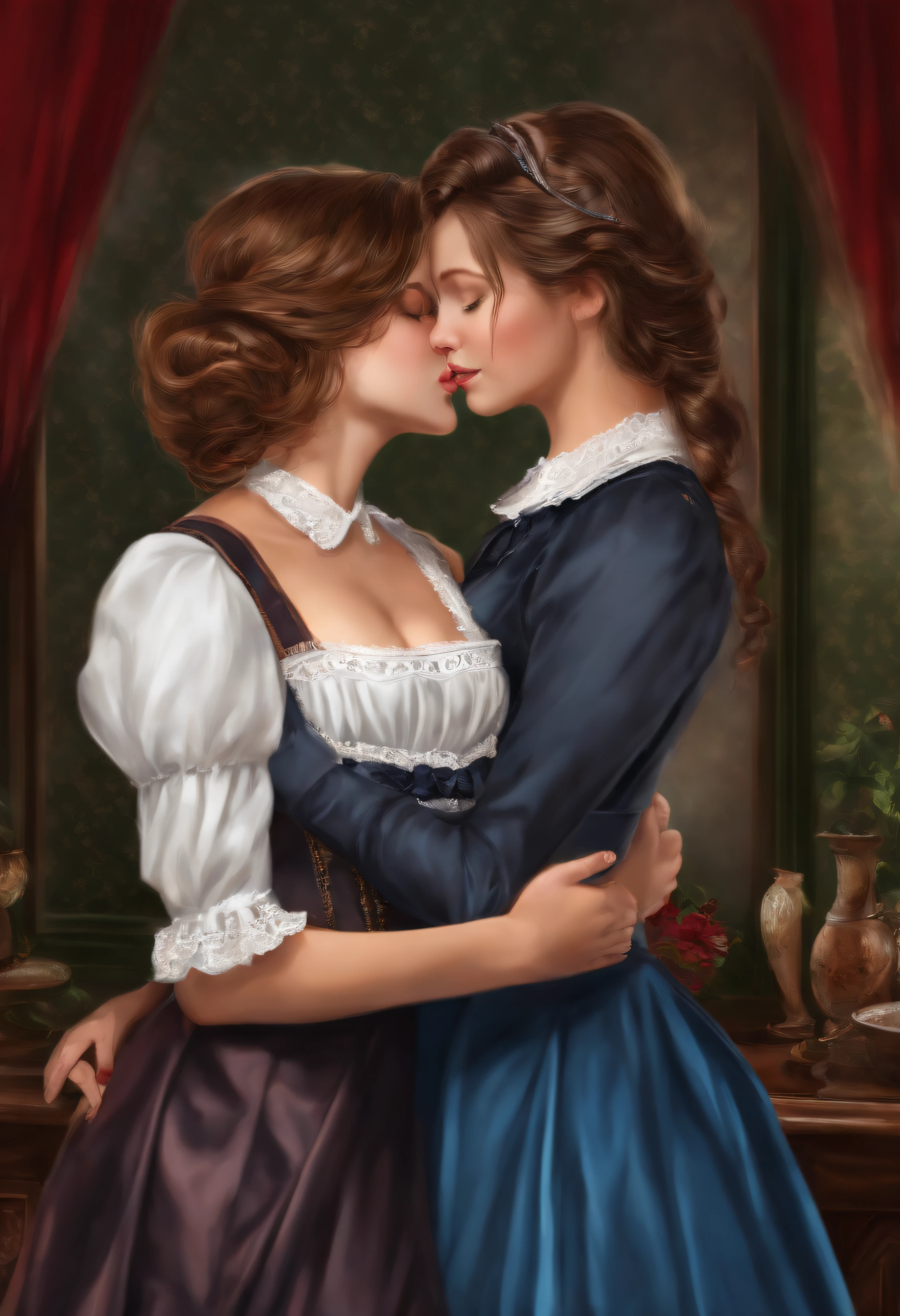 A painting of two women in dresses kissing each other - SeaArt AI