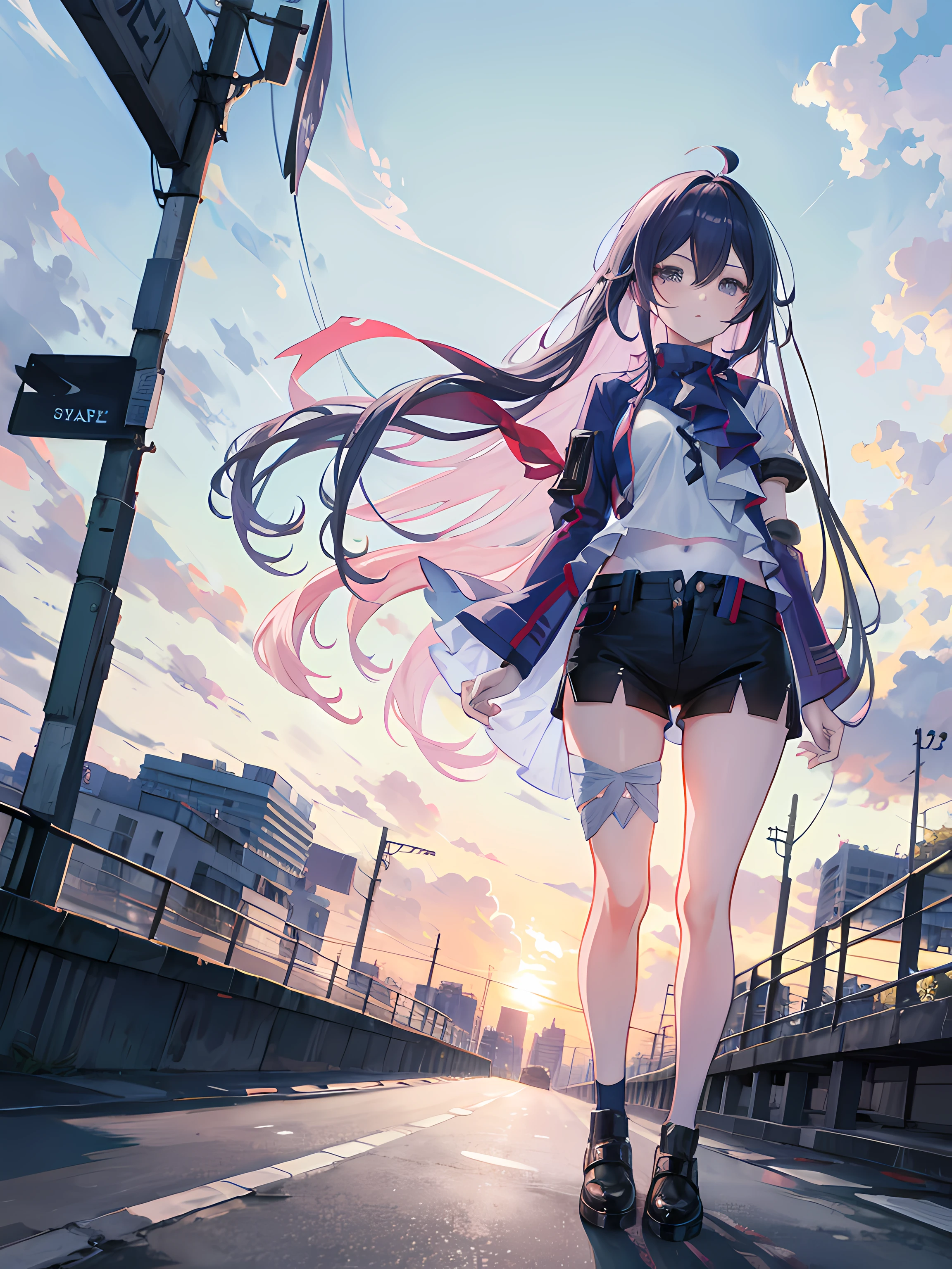 anime girl standing in the city street, sunset, buildings in the background, (1girl), white shirt, blue dominant shorts, beautiful anime artwork, ultrasharp, masterpiece, high res, 8k