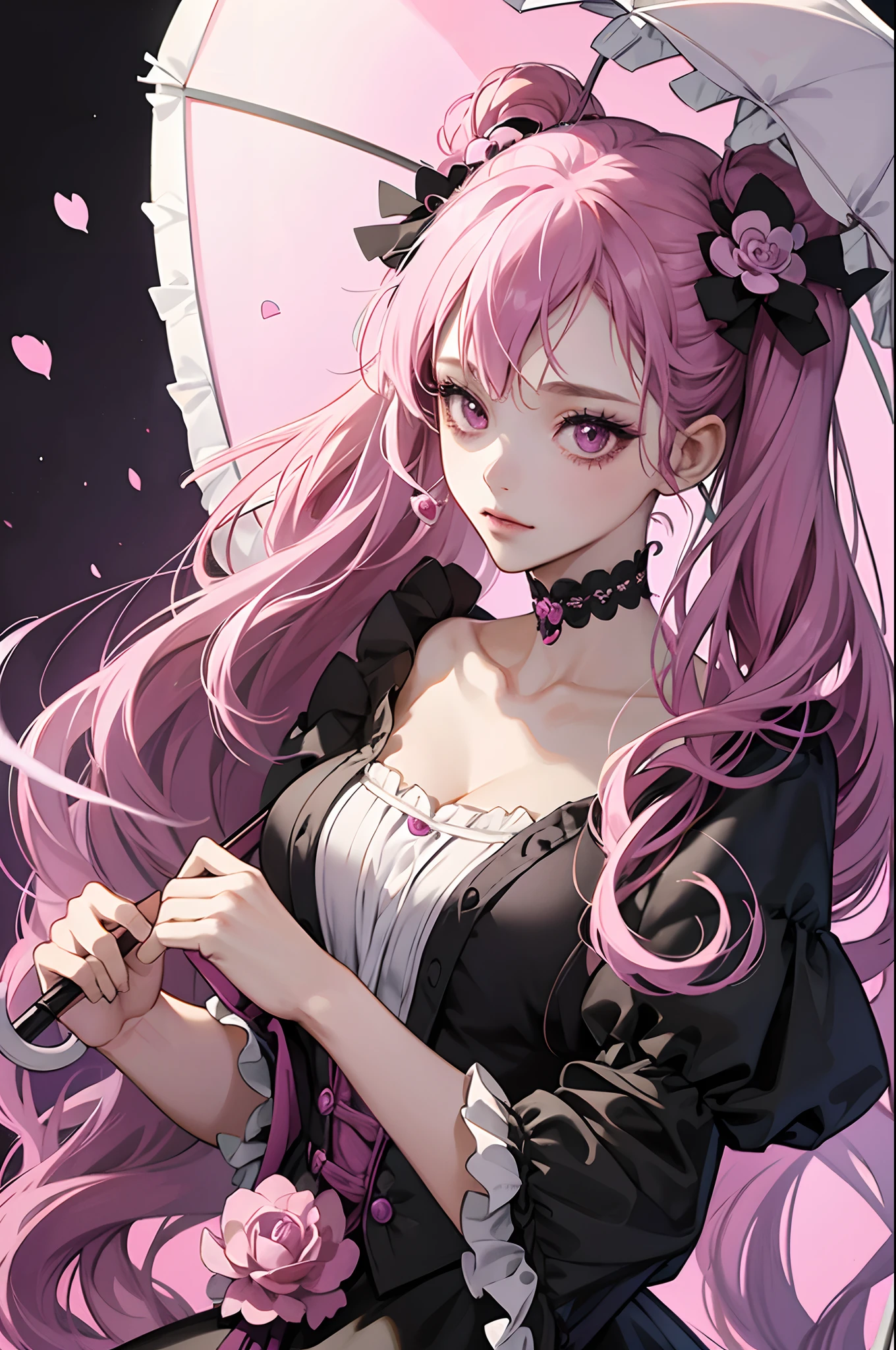 Anime girl with pink hair and a black dress holding a white umbrella ...