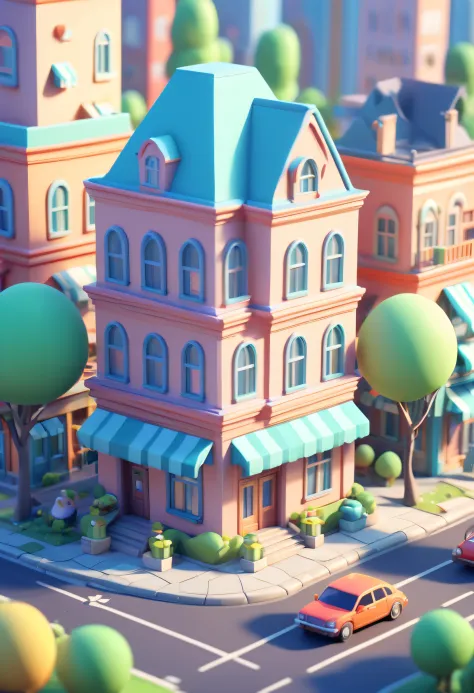 the 3d city scene includes a lowbudget building and car, in the style of playful cartoon illustrations, soft smooth lighting, 3d blender render, rich background, isometric, dreamy landscapes, 4k UHD, tilt，soft edges and blurred details, cartel core style, ...