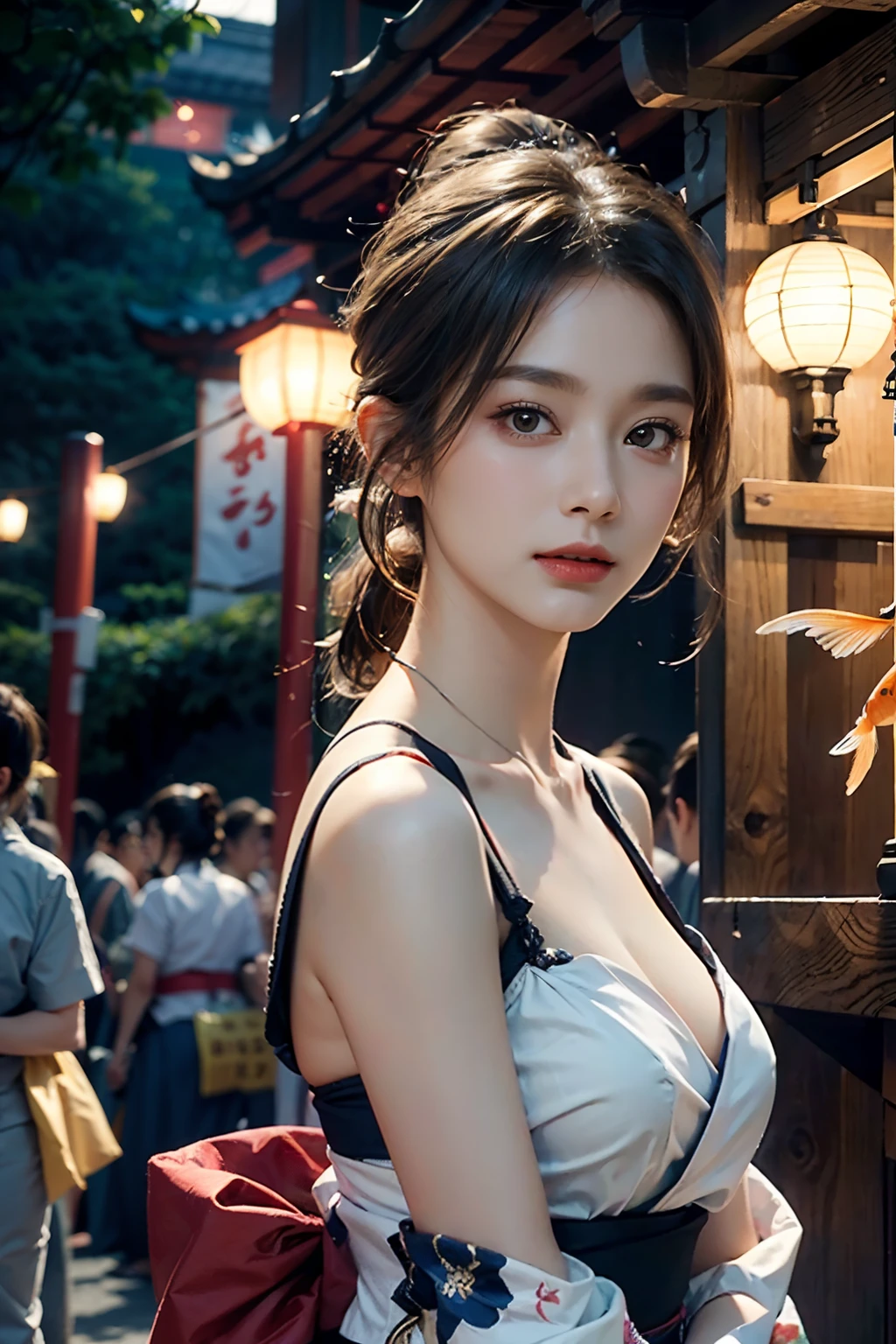 电影灯光，(((tmasterpiece))), ((best qualtiy)), ((intricate and detailed)), ((Ultra-realistic realism)), 4K,1beautiful woman, 25-years old, poneyTail,Ultra-fine yukata,美丽的面容,Beautiful brown eyes,face perfect,A slender,large full breasts,having a good time, Large fishbowl , Swirling flocks of goldfish, Floating goldfish, Graphic illustration, see fishes swimming,A lot of goldfish, amazing depth, Cutest, Lots of fish balls,Goldfish scooping at a summer festival, (The background is the summer festival of the shrine:1.4), Silver hair, split ponytail, star-shaped pupils, conceptual art, Art Nouveau, Glowing light, nffsw, Textured skin, masutepiece, Anatomically correct, Best Quality, 8K