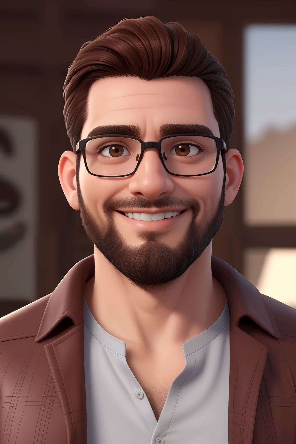 (best quality,4K,8k,highres,master part:1.2), ultra detali, Realistic:1.37, portraite, mascle, 42 Years Old, Round face, charmer smile, brown eyes with glasses, medium black hair, transparent glasses