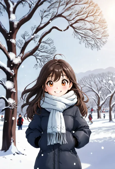 girl, long hair, face round, big eyes, down jacket, smile, scarf, winter, park, yukito, white snow, tree, snow cover, in a panor...