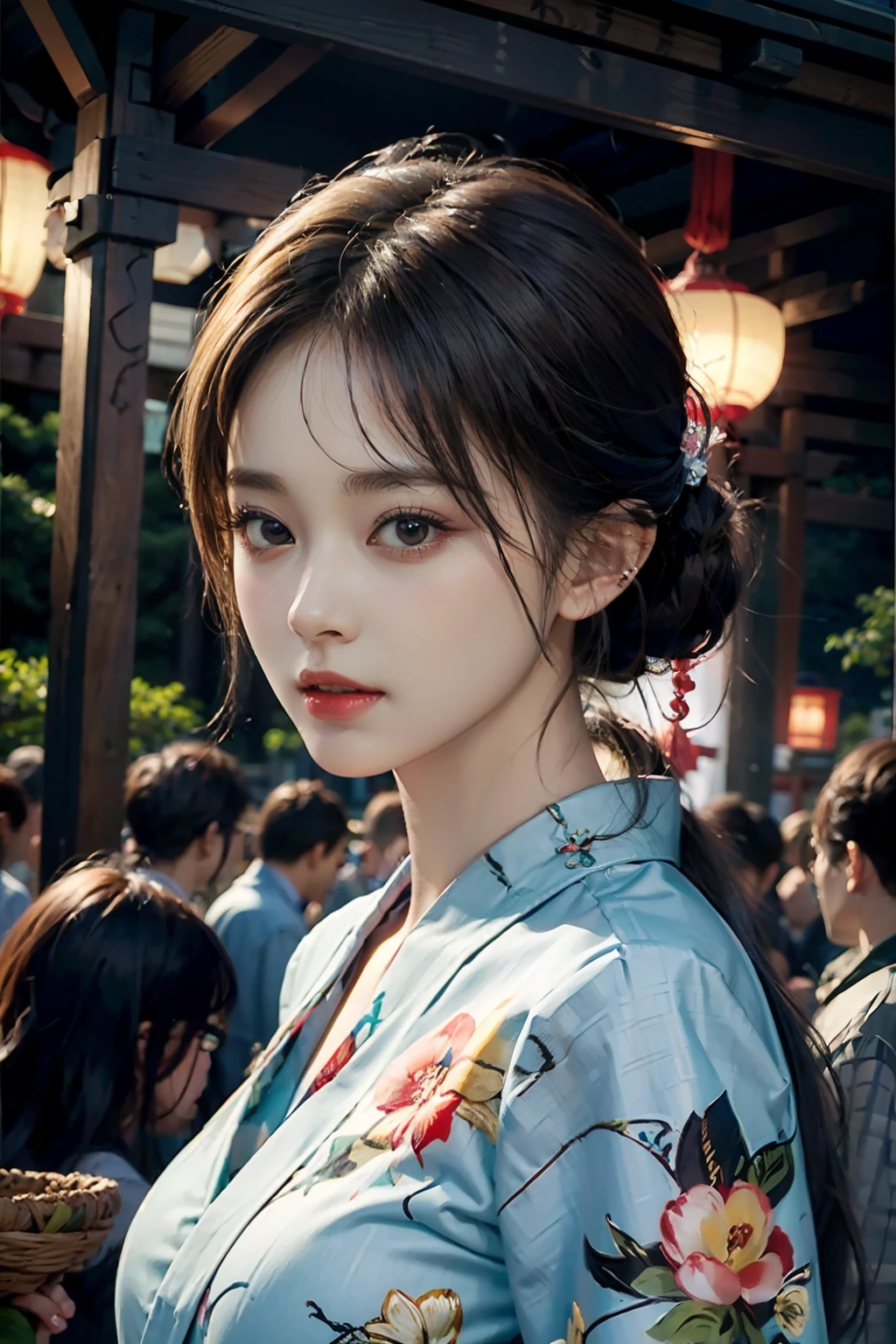 电影灯光，(((tmasterpiece))), ((best qualtiy)), ((intricate and detailed)), ((Ultra-realistic realism)), 4K,1beautiful woman, 25-years old, poneyTail,Ultra-fine yukata,美丽的面容,Beautiful brown eyes,face perfect,A slender,large full breasts,having a good time, Large fishbowl , Swirling flocks of goldfish, Floating goldfish, Graphic illustration, see fishes swimming,A lot of goldfish, amazing depth, Cutest, Lots of fish balls,Goldfish scooping at a summer festival, (The background is the summer festival of the shrine:1.4), Silver hair, split ponytail, star-shaped pupils, conceptual art, Art Nouveau, Glowing light, nffsw, Textured skin, masutepiece, Anatomically correct, Best Quality, 8K