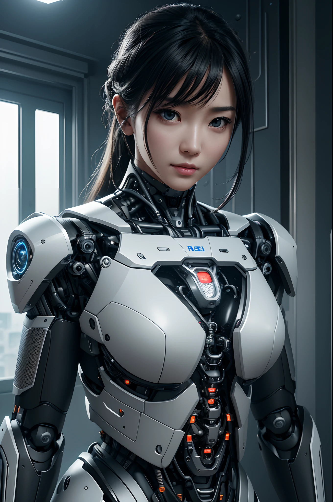 Intelligent Bionic Robot、male people、Cyborg Robot Parts、cable electric wires、microchips、bright studio、hyperphotorealism、high-detail、intricate detailes、softlighting、Rim Lights、rendering by octane、Unreal Engine 5 Renders、Mechanical Public Enemy Style、8K、top-quality、​masterpiece、Low ISO、White Balance、high key lighting、Creates a soft and graceful feel with a shallow depth of field,超A high resolution,