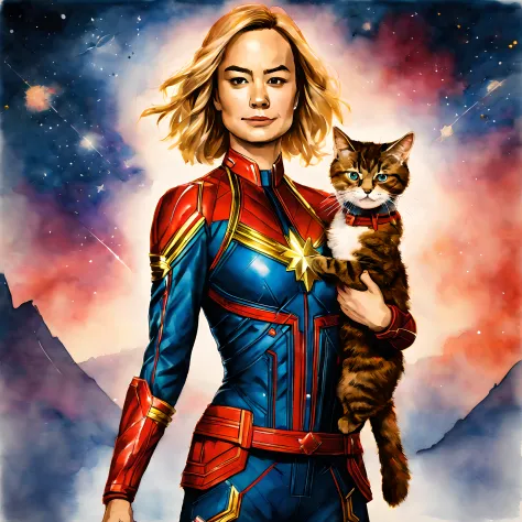 (goose cat and captain marvel:1.5), (marvel theme:1.5), (ink and watercolor painting:1.5), (tasteful:1.5), (ink and watercolor p...