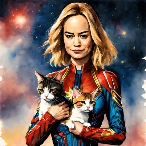 (goose cat and captain marvel:1.5), (marvel theme:1.5), (ink and watercolor painting:1.5), (tasteful:1.5), (ink and watercolor p...