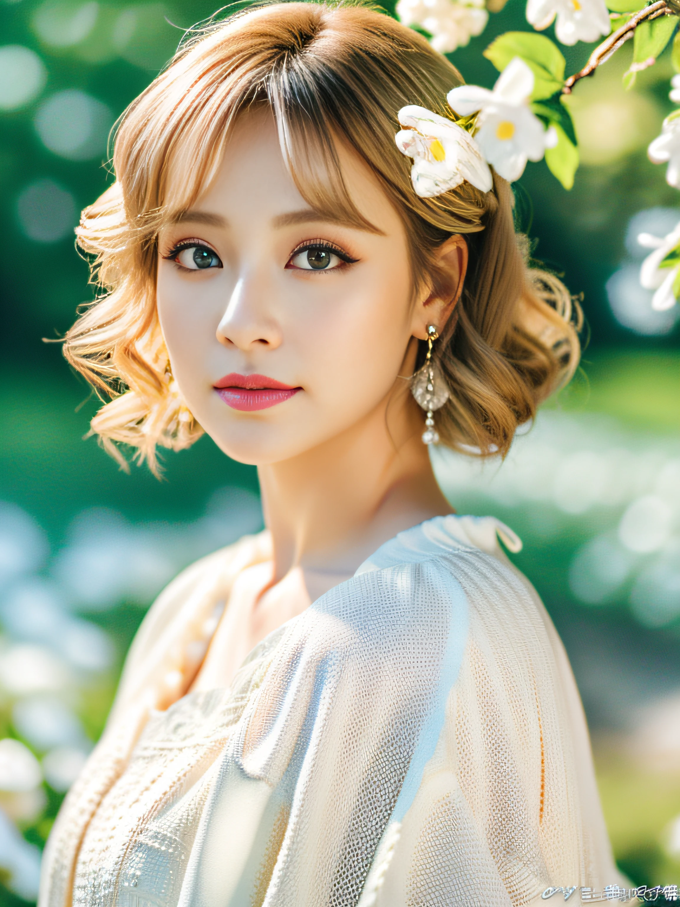 (masutepiece:1.2), (Best Quality:1.2), Perfect eyes, Perfect face, Perfect Lighting, 1girl in, Mature woman in the field, medium blonde hair, Curly hair, detailed  clothes, White dress、Detailed outdoor background, makeup, eyeshadows, thick eyelashes, Fantasy, Looking at the viewer, spring