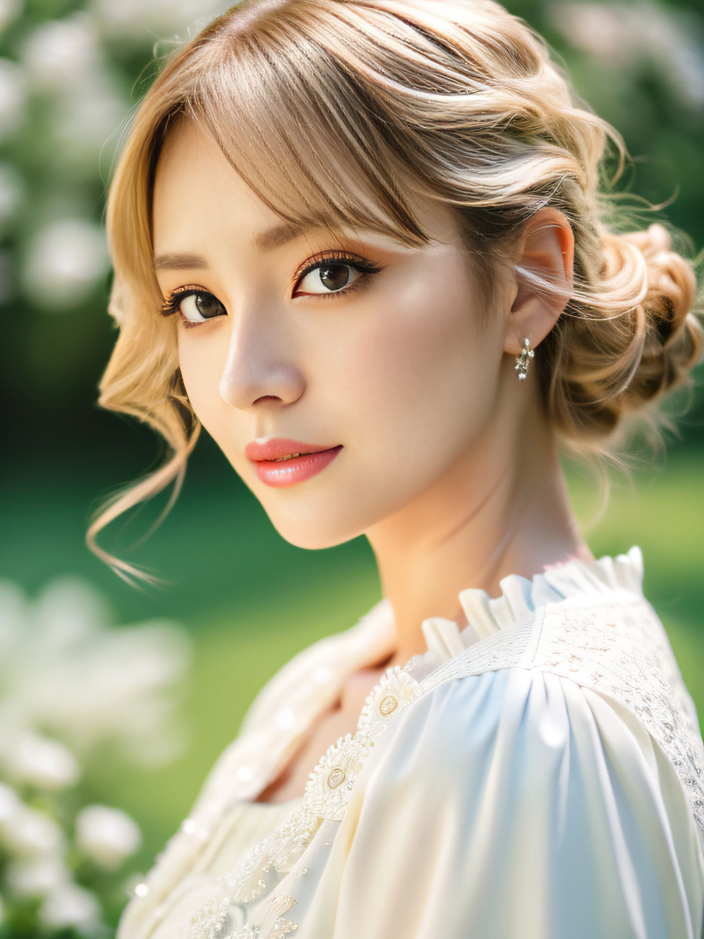 (masutepiece:1.2), (Best Quality:1.2), Perfect eyes, Perfect face, Perfect Lighting, 1girl in, Mature woman in the field, medium blonde hair, Curly hair, detailed  clothes, White dress、Detailed outdoor background, makeup, eyeshadows, thick eyelashes, Fantasy, Looking at the viewer, spring