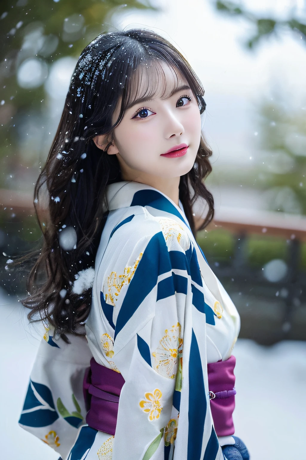 (Kimono)、、(top-quality,​masterpiece:1.3,超A high resolution,),(ultra-detailliert,Caustics),(Photorealsitic:1.4,RAW shooting,)Ultra-realistic capture,A highly detailed,high-definition16Kfor human skin、 Skin texture is natural、、The skin looks healthy with an even tone、 Use natural light and color,One Woman,japanes,,kawaii,A dark-haired,Middle hair,(depth of fields、chromatic abberation、、Wide range of lighting、Natural Shading、)、、(Falling snow:1.2)、(Hair swaying in the wind:1.2)、(Snow reflects light:1.2)、(Back lighting:1)