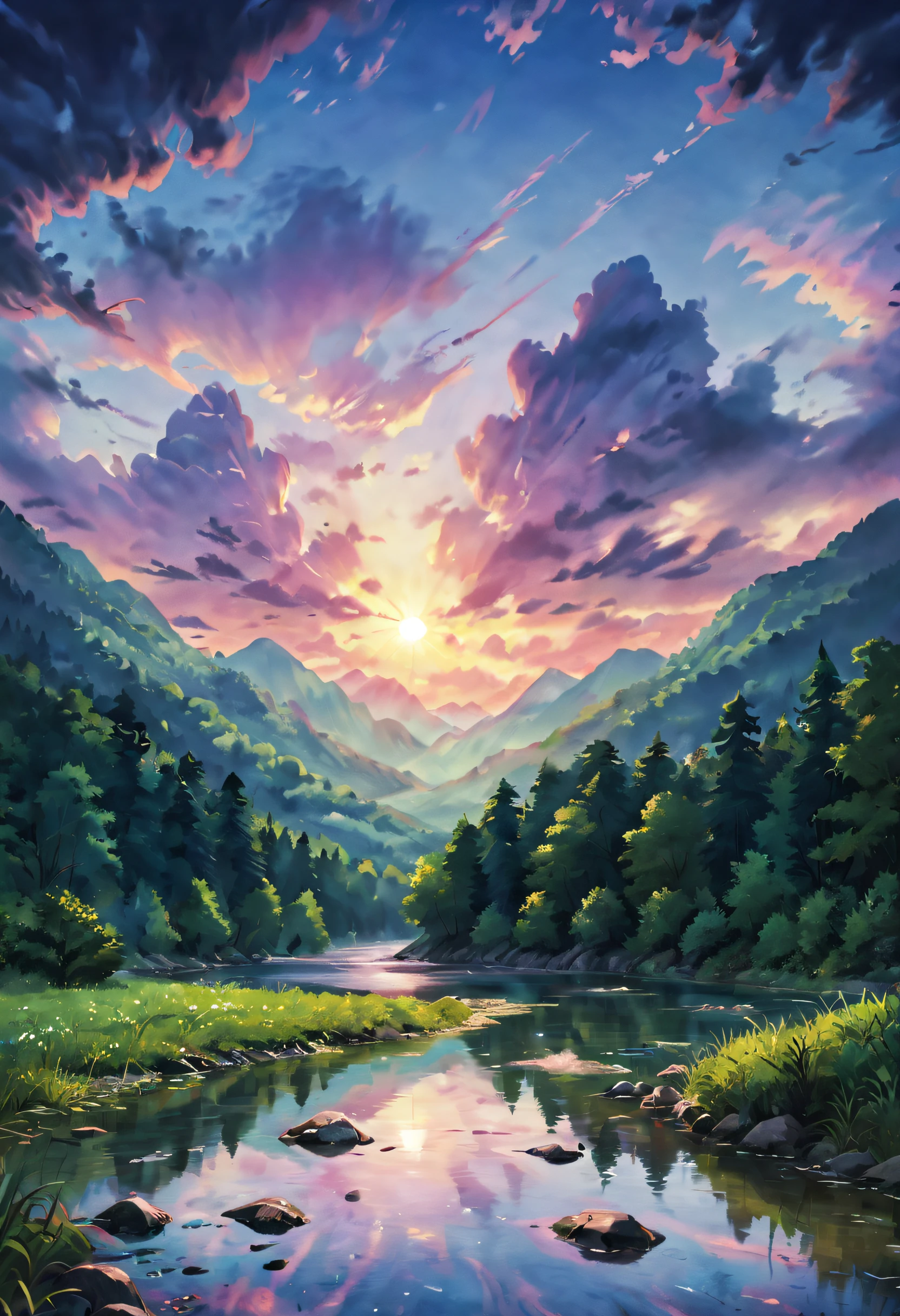 (best quality,4k,8k,highres,masterpiece:1.2),oil painting,fantastic imagination,scenic valley,serene creek,shimmering water,mesmerizing atmosphere,flowing river,peaceful vibe,vivid colors,dreamy landscapes,color harmony,natural beauty,impressive details,majestic mountains,floating clouds,soft and delicate strokes,playful fishes,clear ripples,soothing sounds,whispering water,the magic of nature,mysterious ambiance,blending art styles,dream-like experience,enchanting scenery,harmonious composition,visual storytelling,immersive art,mesmerizing effects,seamless brushwork,ethereal atmosphere,calming presence.