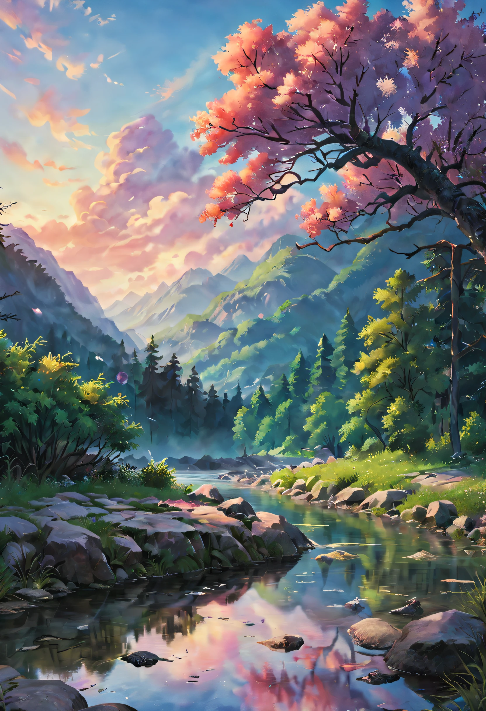 (best quality,4k,8k,highres,masterpiece:1.2),oil painting,fantastic imagination,scenic valley,serene creek,shimmering water,mesmerizing atmosphere,flowing river,peaceful vibe,vivid colors,dreamy landscapes,color harmony,natural beauty,impressive details,majestic mountains,floating clouds,soft and delicate strokes,playful fishes,clear ripples,soothing sounds,whispering water,the magic of nature,mysterious ambiance,blending art styles,dream-like experience,enchanting scenery,harmonious composition,visual storytelling,immersive art,mesmerizing effects,seamless brushwork,ethereal atmosphere,calming presence.