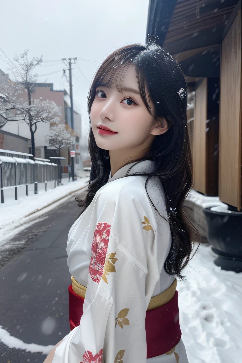 (Kimono)、、(top-quality,​masterpiece:1.3,超A high resolution,),(ultra-detailliert,Caustics),(Photorealsitic:1.4,RAW shooting,)Ultra-realistic capture,A highly detailed,high-definition16Kfor human skin、 Skin texture is natural、、The skin looks healthy with an even tone、 Use natural light and color,One Woman,japanes,,kawaii,A dark-haired,Middle hair,(depth of fields、chromatic abberation、、Wide range of lighting、Natural Shading、)、、(Falling snow:1.2)、(Hair swaying in the wind:1.2)、(Snow reflects light:1.2)、(Back lighting:1)