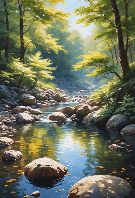 (best quality,photorealistic),oil painting,serene creek,majestic light and shadow,realistic textures,masterpiece:1.2,vivid color...