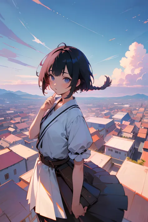 masutepiece, Best quality,illustration, the wallpaper, Ultra detail, absurderes, 1Blittle girl、 Solo, (Medium short hair、short braided hair), Beautiful ultra-detailed eyes , Hair fluttering in the wind、:Tai、 Beautiful sky、(in a panoramic view:1.5)