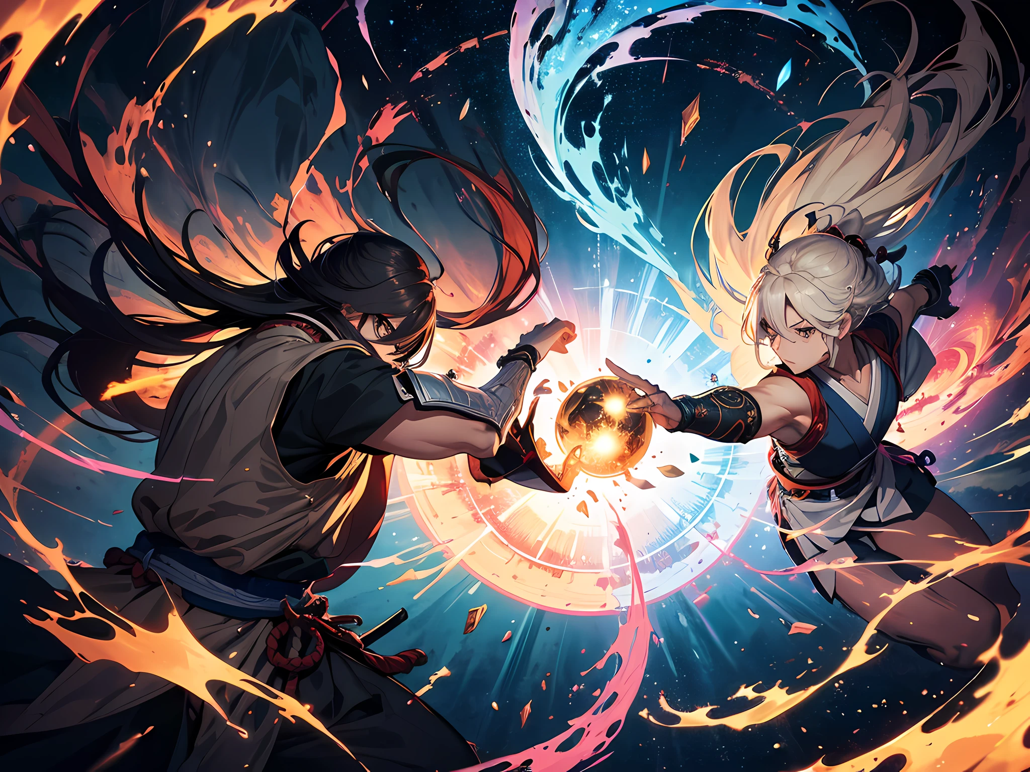 (2 man) historic samurai duel, (highly detailed, eyes finely detailed), (half body:0.6), battle with magical aura, magical particles, magical atmosphere, colorful swirling portal, dark magic, masterpiece, high-resolution, masterpiece, top-quality, detailed, High resolution illustration.