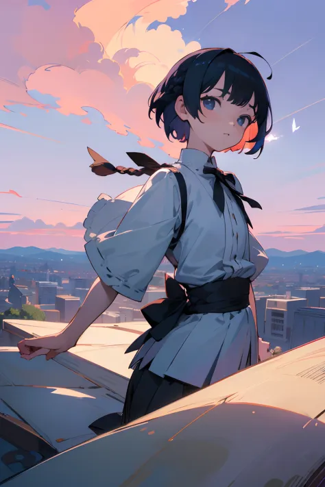 masutepiece, Best quality,illustration, the wallpaper, Ultra detail, absurderes, 1Blittle girl、 Solo, (Medium short hair、short braided hair), Beautiful ultra-detailed eyes , Hair fluttering in the wind、:Tai、 Beautiful sky、(in a panoramic view:1.5)
