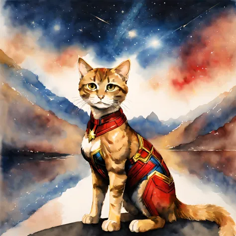 (goose cat and captain marvel:1.5), (marvel theme:1.5), (ink and watercolor painting:1.5), (tasteful:1.5), (ink and watercolor p...