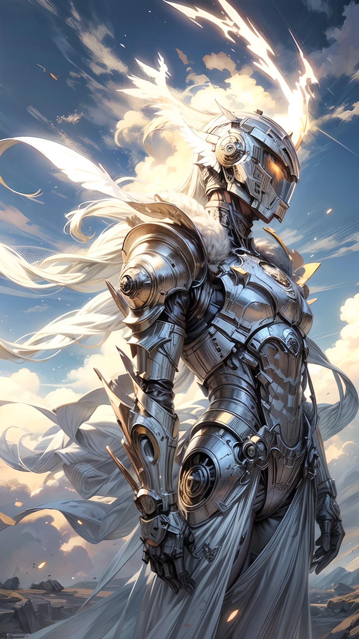 male dieselpunk angel knight in full body beautifully elegant mechanical angel armor, full head helmet with a full face white steel knight visor, bright vibrant eyes, armor is pure white with pale gold accents, armor is gorgeously engraved with art deco patterns that flow down the arms and chest and legs, wide spread beautifully designed white mechanical angel wings, face covered, face hidden behind elegantly beautiful dieselpunk knight helmet visor, upper body portrait, anime art style