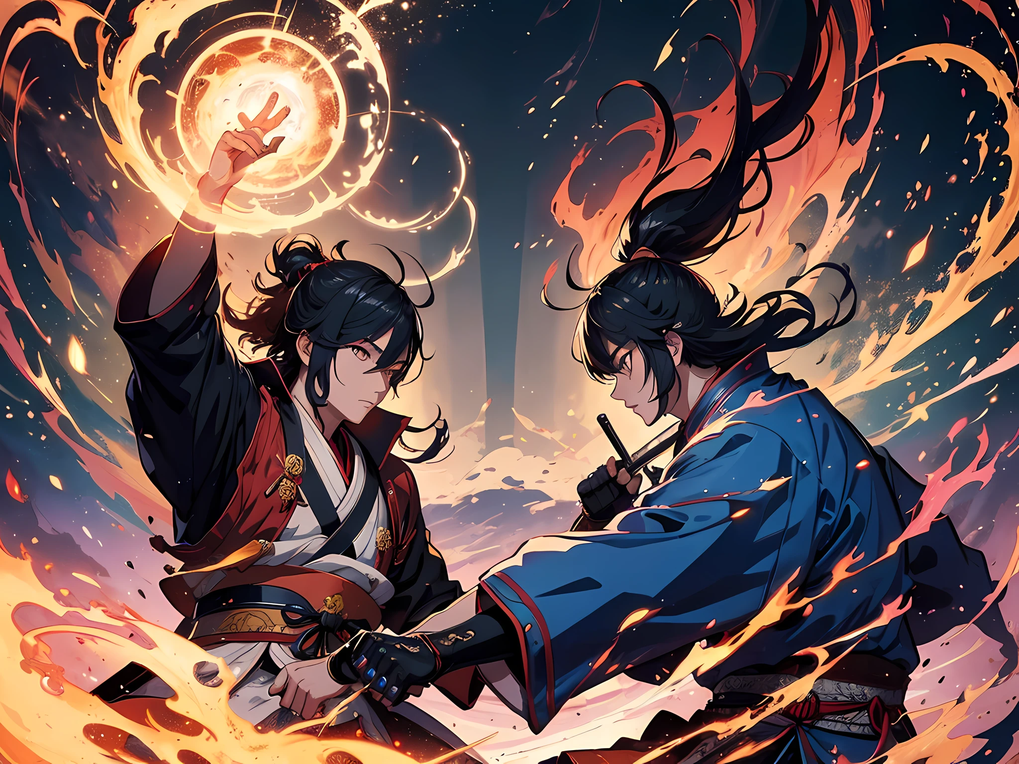 (2 man) historic samurai duel, (highly detailed, eyes finely detailed), (half body:0.6), battle with magical aura, magical particles, magical atmosphere, colorful swirling portal, dark magic, masterpiece, high-resolution, masterpiece, top-quality, detailed, High resolution illustration.