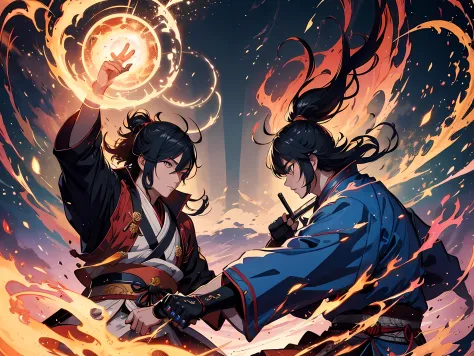 (2 man) historic samurai duel, (highly detailed, eyes finely detailed), (half body:0.6), battle with magical aura, magical parti...