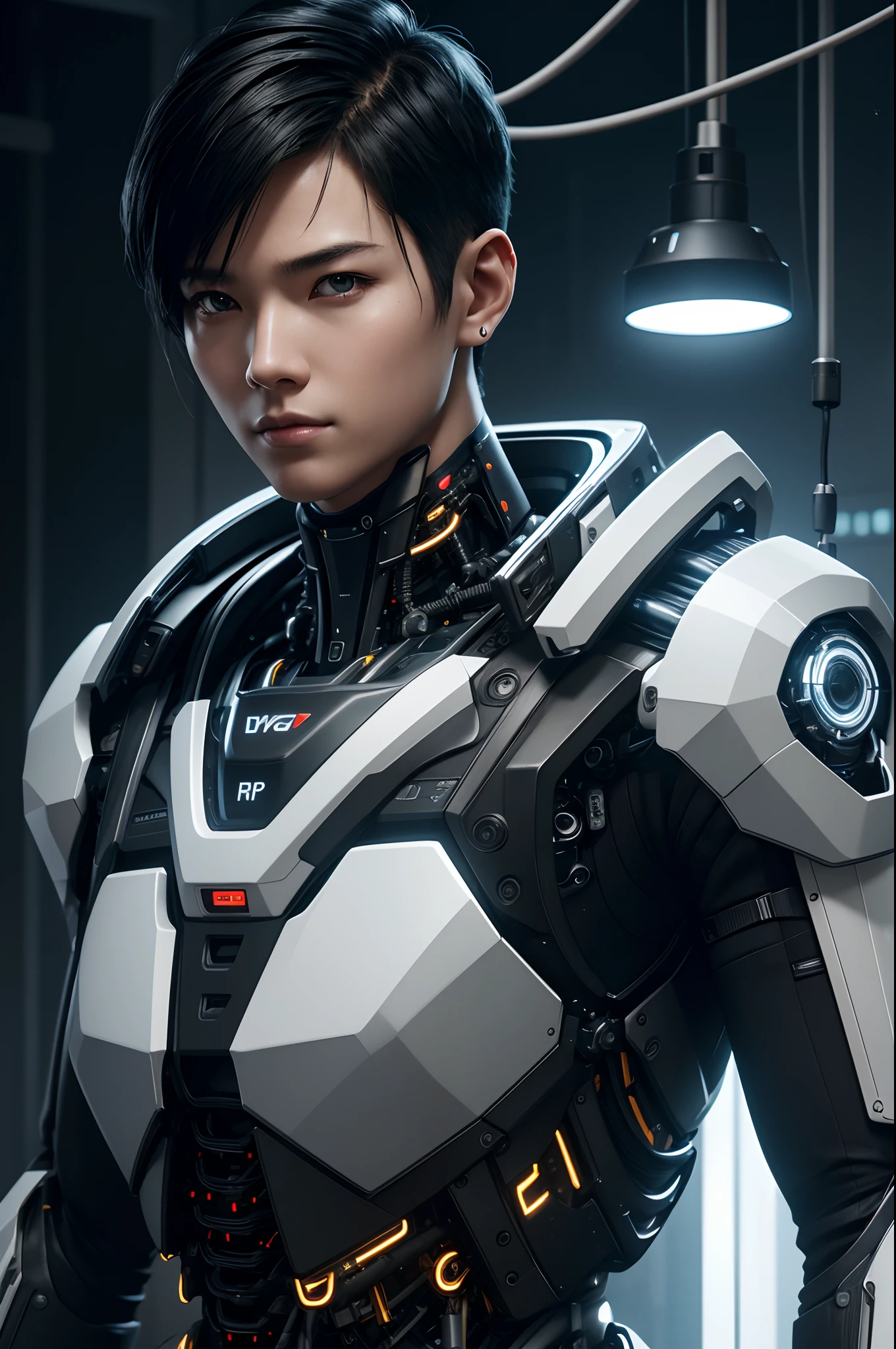 Young Male Cyborg,Intelligent Bionic Robot、Short-haired man with black hair、Cyborg Robot Parts、cable electric wires、microchips、bright studio、hyperphotorealism、high-detail、intricate detailes、softlighting、Rim Lights、rendering by octane、Unreal Engine 5 Renders、Mechanical Public Enemy Style、8K、top-quality、​masterpiece、Low ISO、White Balance、high key lighting、Creates a soft and graceful feel with a shallow depth of field,超A high resolution,cyberpunked.Connected to a large number of cables,In the process of being made,