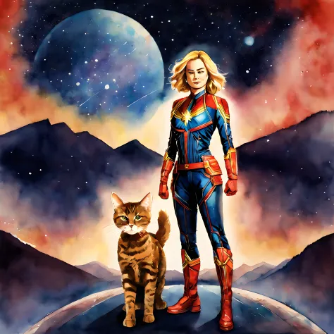 (goose cat and captain marvel:1.5), (marvel theme:1.5), (ink and watercolor painting:1.5), (tasteful:1.5), (ink and watercolor p...