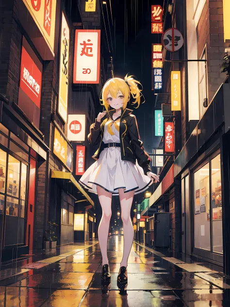anime girl standing in the city streets, night time, raining, (1girl). yellow hair, smile, beautiful anime artwork, ultrasharp, masterpiece, high res, 8k