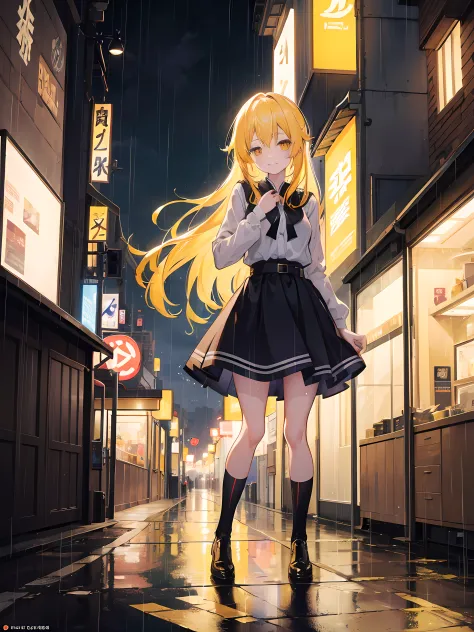 anime girl standing in the city streets, night time, raining, (1girl). yellow hair, smile, beautiful anime artwork, ultrasharp, masterpiece, high res, 8k
