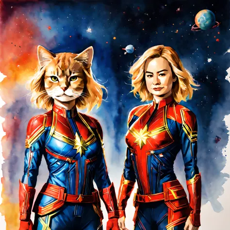 (goose cat and captain marvel:1.5), (marvel theme:1.5), (ink and watercolor painting:1.5), (tasteful:1.5), (ink and watercolor p...