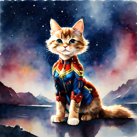 (goose cat and captain marvel:1.5), (marvel theme:1.5), (ink and watercolor painting:1.5), (tasteful:1.5), (ink and watercolor p...