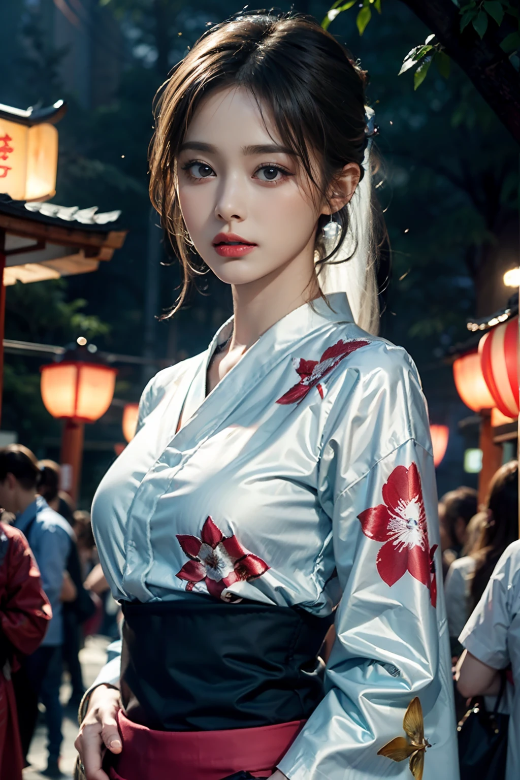 light，(((tmasterpiece))), ((best qualtiy)), ((intricate and detailed)), ((Ultra-realistic realism)), 4K,1beautiful woman, 25-years old, poneyTail,Ultra-fine yukata,Beautiful face,Beautiful brown eyes,face perfect,A slender,large full breasts,having a good time, Large fishbowl , Swirling flocks of goldfish, Floating goldfish, Graphic illustration, see fishes swimming,A lot of goldfish, amazing depth, Cutest, Lots of fish balls,Goldfish scooping at a summer festival, (The background is the summer festival of the shrine:1.4), Silver hair, split ponytail, star-shaped pupils, conceptual art, art nouveau, Glowing light, nffsw, Textured skin, masutepiece, Anatomically correct, Best Quality, 8K
