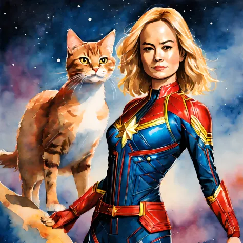 (goose cat and captain marvel:1.5), (marvel theme:1.5), (ink and watercolor painting:1.5), (tasteful:1.5), (ink and watercolor p...