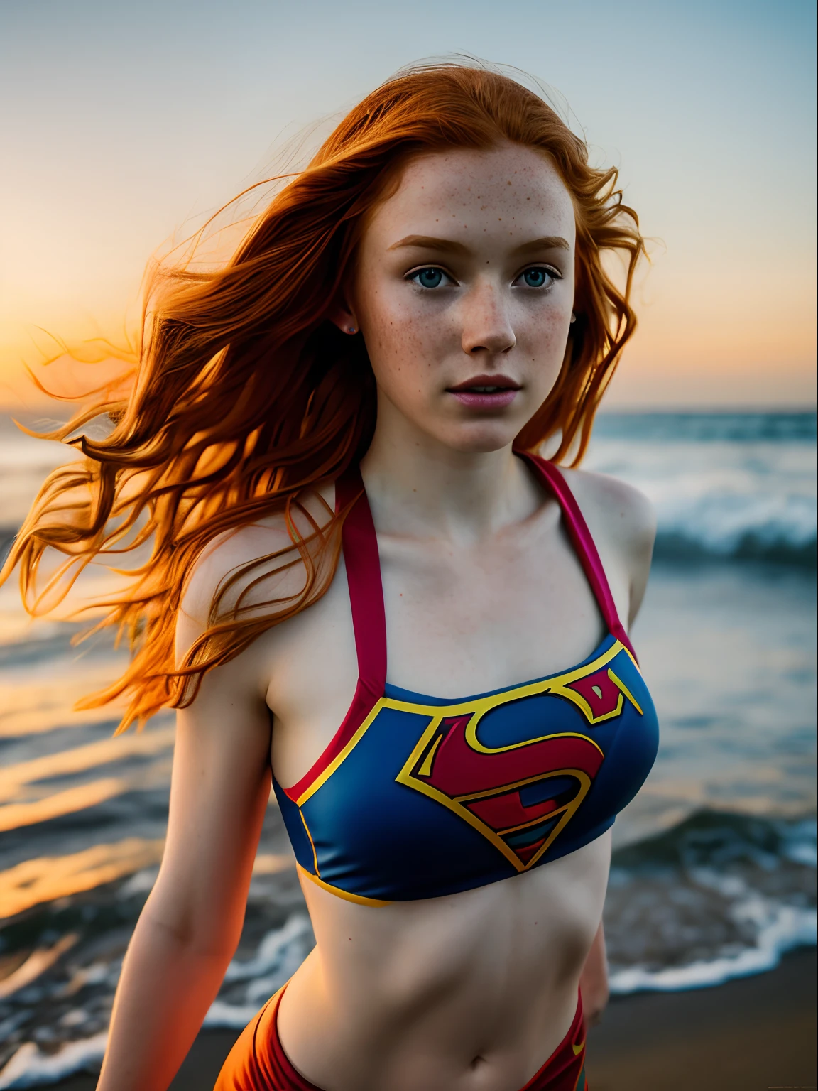 1girl in, age13, Solo, teenager, Aesthetic artwork, irish redhead, curly ginger hair, shoulder length ginger hair, some small freckles, pale skin, small breasts, runners body, imperfect skin, goosebumps, wearing Supergirl costume, DC costume Supergirl bikini, evening ocean sunset background, blury background, (action shot, crawling, 1.25), (extremely detailed 8k wallpaper), (hard lighting), high quality, film grain, Fujifilm XT3 sharp focus, f 5.6, 50mm, High Detail, Sharp focus, (natural light), crazy details, complex details, hyperdetailed