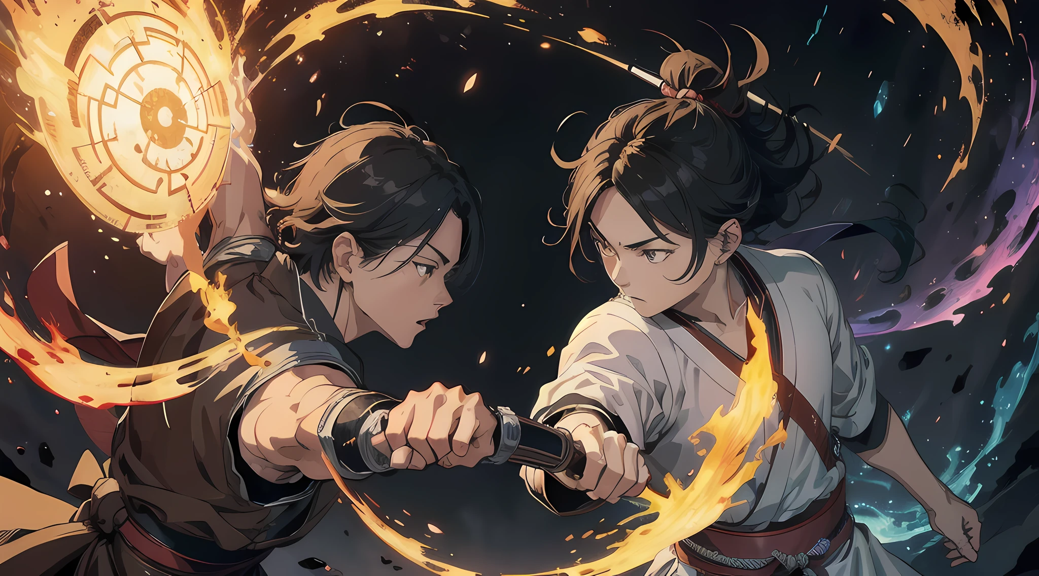 (2 man) historic samurai duel, (epic duel), (highly detailed, eyes finely detailed), (half body:0.6), battle with magical aura, magical particles, magical atmosphere, colorful swirling portal, dark magic, masterpiece, high-resolution, masterpiece, top-quality, detailed, High resolution illustration.