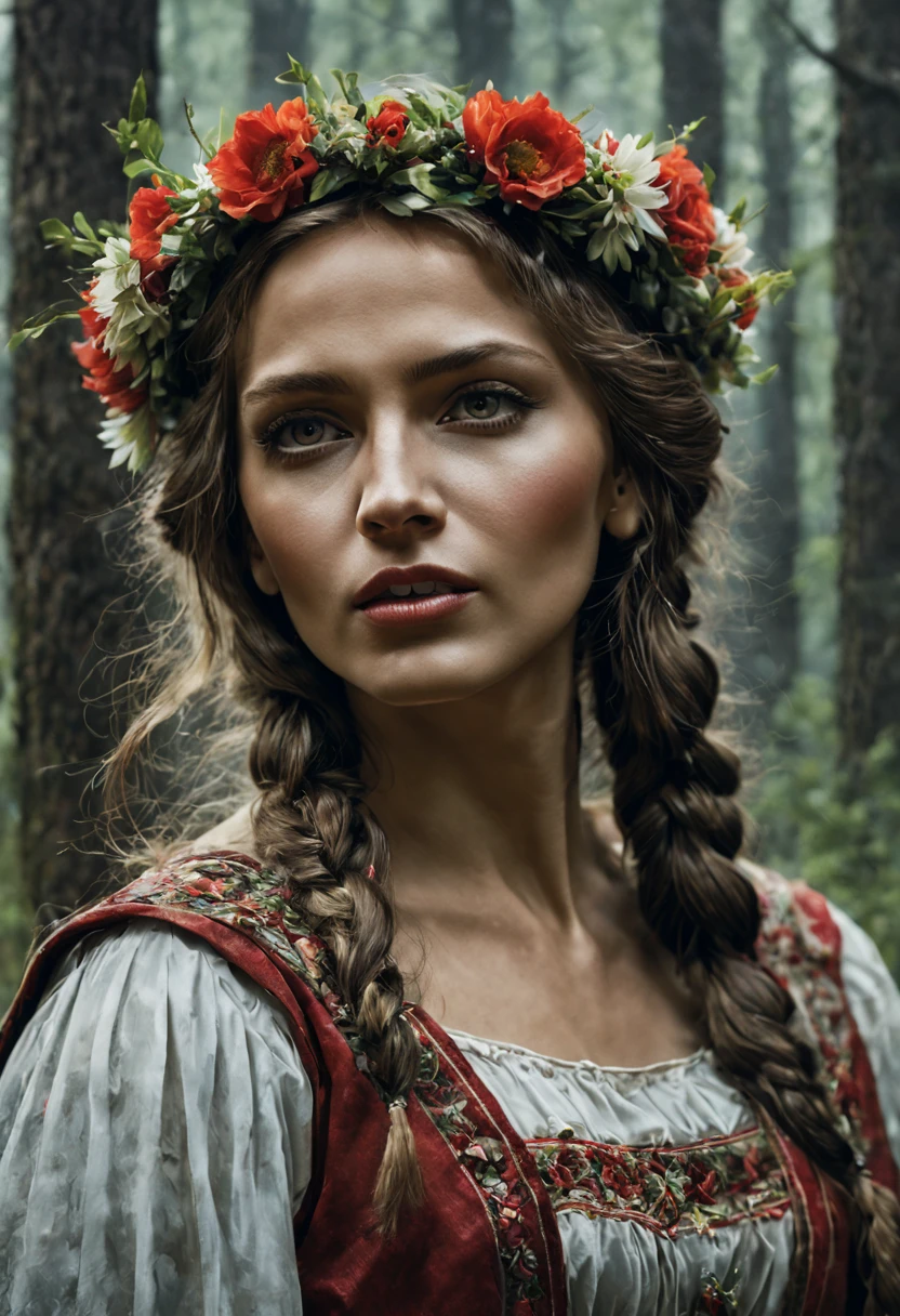 Vintage poster of a beautiful Slavic woman’s face in traditional slavic costume, flower crown, dancing in the forest, realistic style, concept art, Gabriele Dell'otto, Style AI Midjourney,