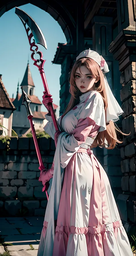 Female plague nurse wearing medieval white dress with pink veil on head, white plague mask holding pink scythe