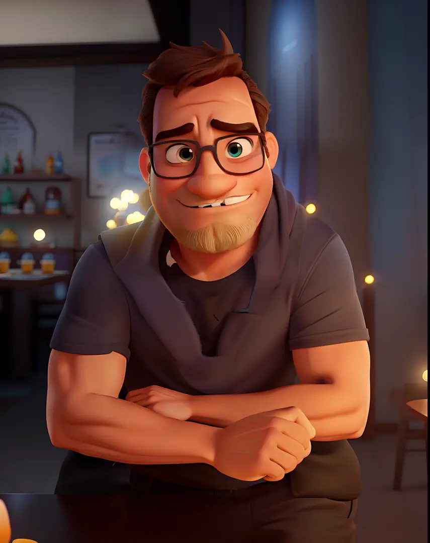 Poster no estilo Disney pixar, alta qualidade, melhor qualidade, homem sexy branco, 30 anos cabelo grisalho barba preta, musculoso, com fundo em um restaurante a luz de velas