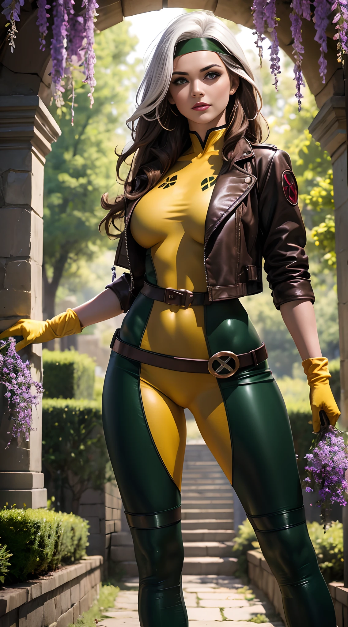 (masterpiece:1.0), (best_quality:1.2), Classic Rogue, 1991 Rogue X-Men, 1girl, Only, full body view, facing the viewer, hand on hips, legs parted, confident stance, proud stance, medium length hair, brown hair, wavy hair, one lock of white hair, green headband, green eyes, mischievous look, parted lips, curvy figure, large breasts, lipstick, makeup, brown leather jacket, gloves, loose belt, skin-tight leggings, open jacket, knee-high boots, Looking down at the Viewer, sunlight, sunrays, light source from the side, (realism: 1.5), (Realistic: 1.4), (Absurdity:1.4), 8k, ultra-detailed, Detailed Beautiful Woman, (only:1.4), 1girl, background of garden, stone walls, stone archway and pathways, wisteria trees, outside of mansion, official art, extremely detailed CG unity 8k wallpaper, perfect lighting, Colorful, ultra high res, photography, 8K, HDR, Kodak portra 400, film grain, blurry background, (bokeh:1.2), lens flare, (vibrant_color:1.2), professional photograph