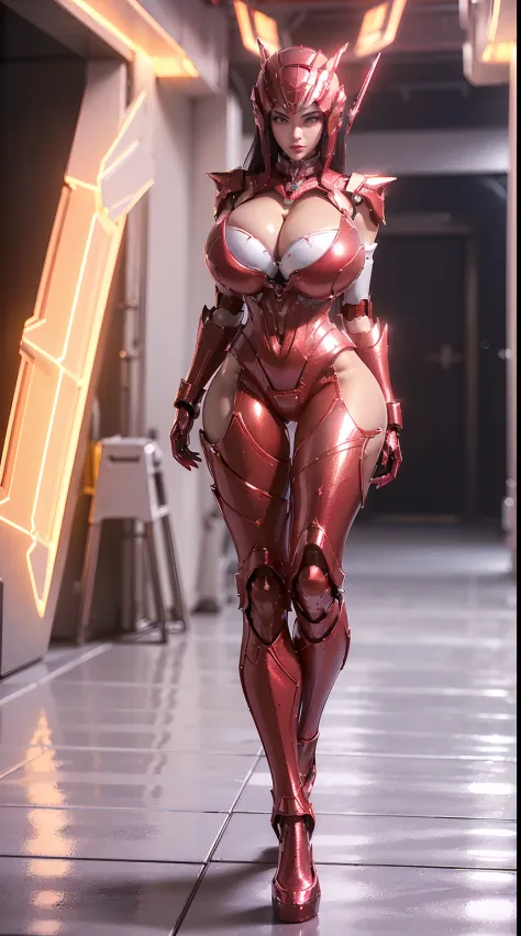 Tyran_Thai Lan, (1GIRL, ALONE, SOLO), (super detailed face), (half face mecha helm:1), (BIG BUTTOCKS, GIGANTIC FAKE BREAST:1.3), (CLEAVAGE:1.5), (MUSCLE ABS:1.3), (MECHA GUARD ARMS, DIAMOND CORE IN CHEST ARMOR:1.3), (RED SHINY FUTURISTIC MECHA ARMORED, MEC...
