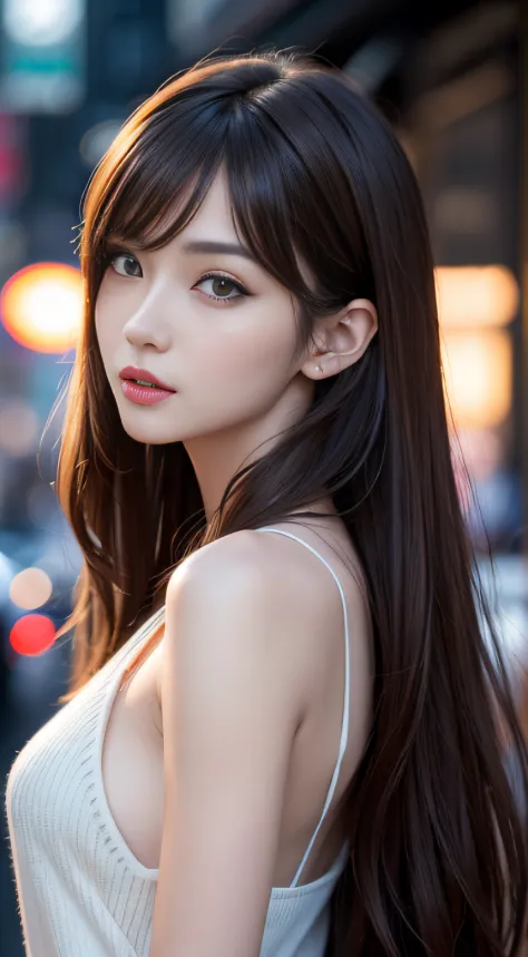 ​masterpiece、High-quality viewers、One beautiful model of JPNIODL、beautiful semi-long hair of brown color,,,,,、incredible high resolution、wide-angle lens、14mm lens、low angles、low  angle shot 、A detailed eye、Harajuku、Takeshita Street、slope、Cityscape at sunse...
