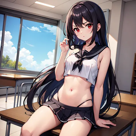 ((Masterpiece)), best quality, 4k,long hair, red eye, school univorm, navel visible, in classroom, sit