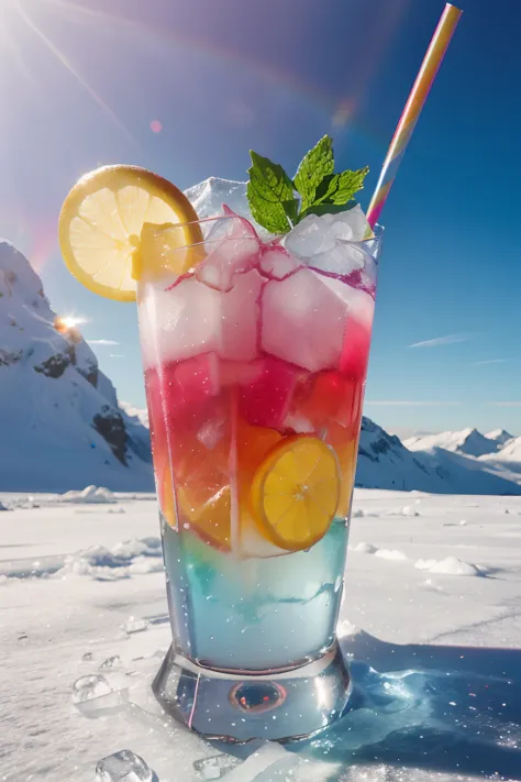 super rainbow color mocktail, Fresh Ice, Fantasy, Extreme photography angles look the best.
