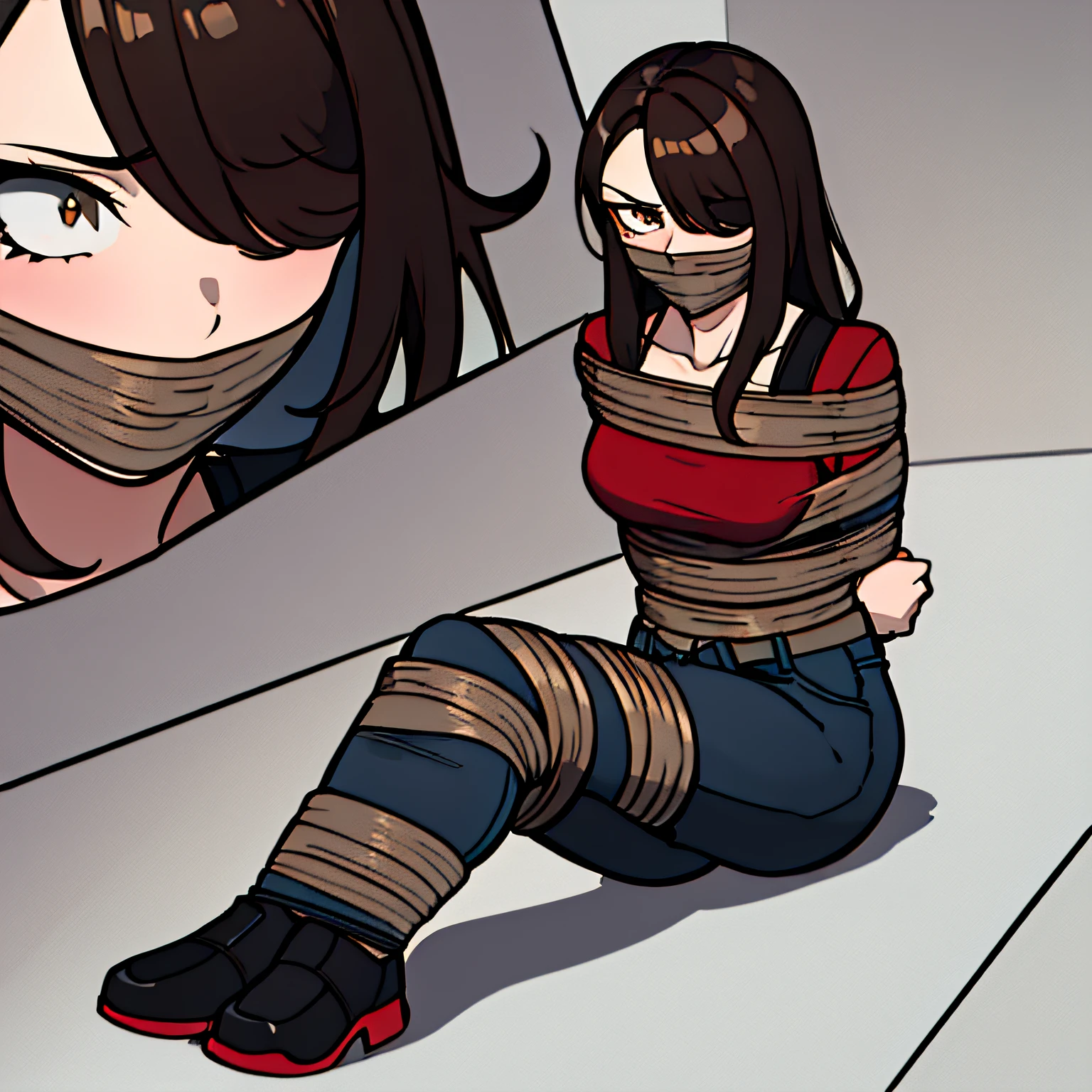 Anime girl tied up with a bandage sitting on the floor - SeaArt AI