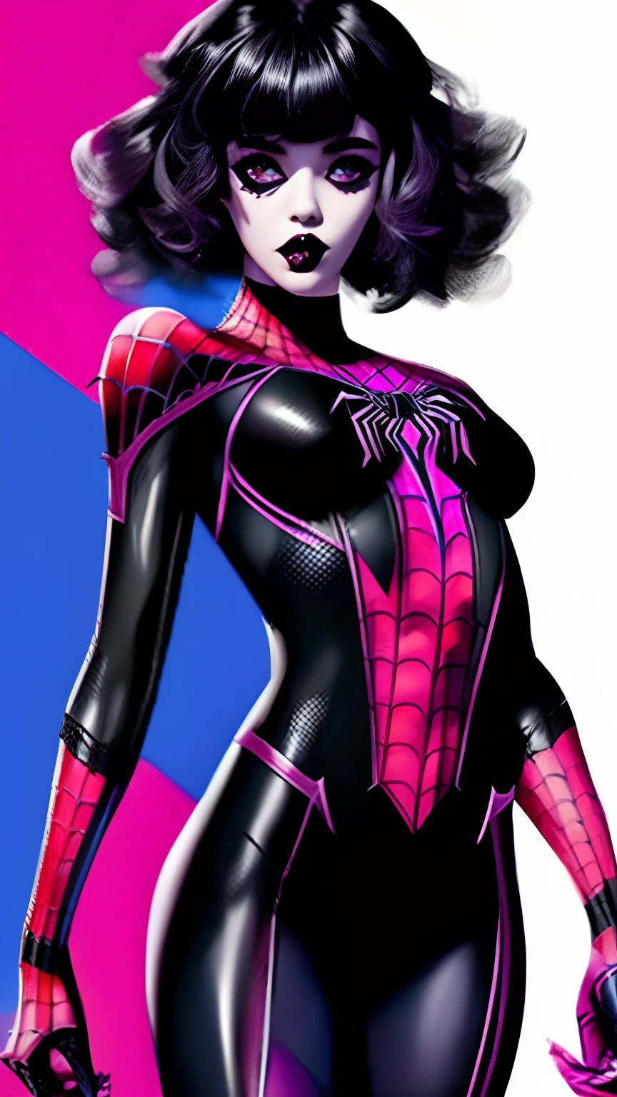 A woman in a spider - suit with a pink and blue background - SeaArt AI