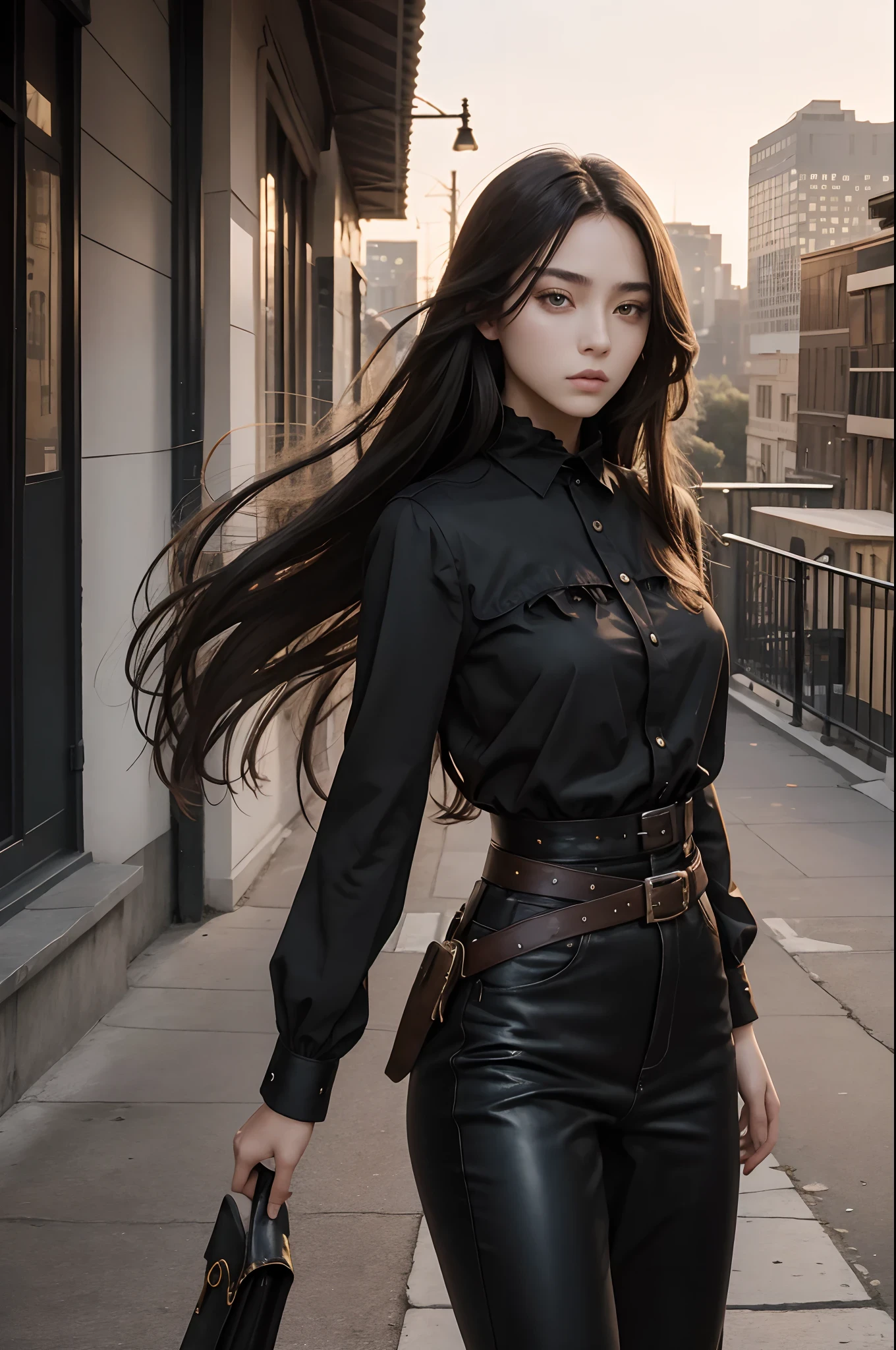 1girl, BalenciagaStyle, Masterpiece,long hair, cowboy shot, city from distance as background, attractive pose, detailed eyes